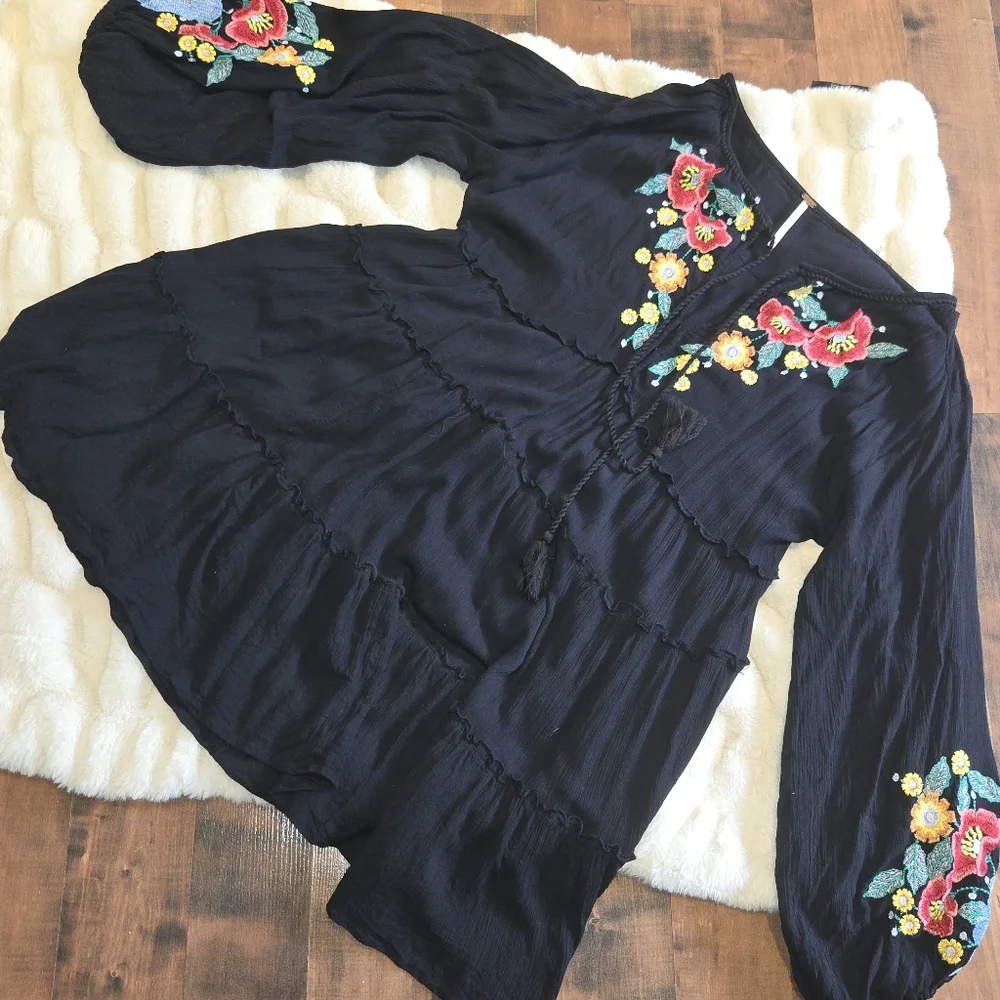 Free People Black Embroidered Balloon Sleeve Boho Oversized Tiered Dress [XS]